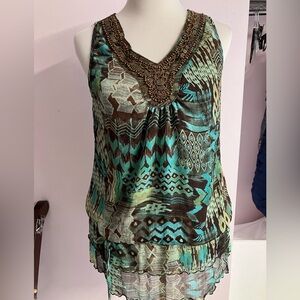 Women’s Sleeveless Top/Blouse, S, Green/Brown, V Neckline, by Zac and Rachel